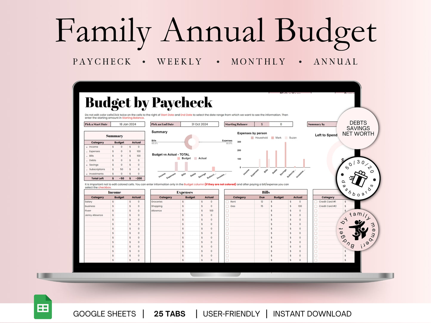 Annual Budget Planner - Pink Template