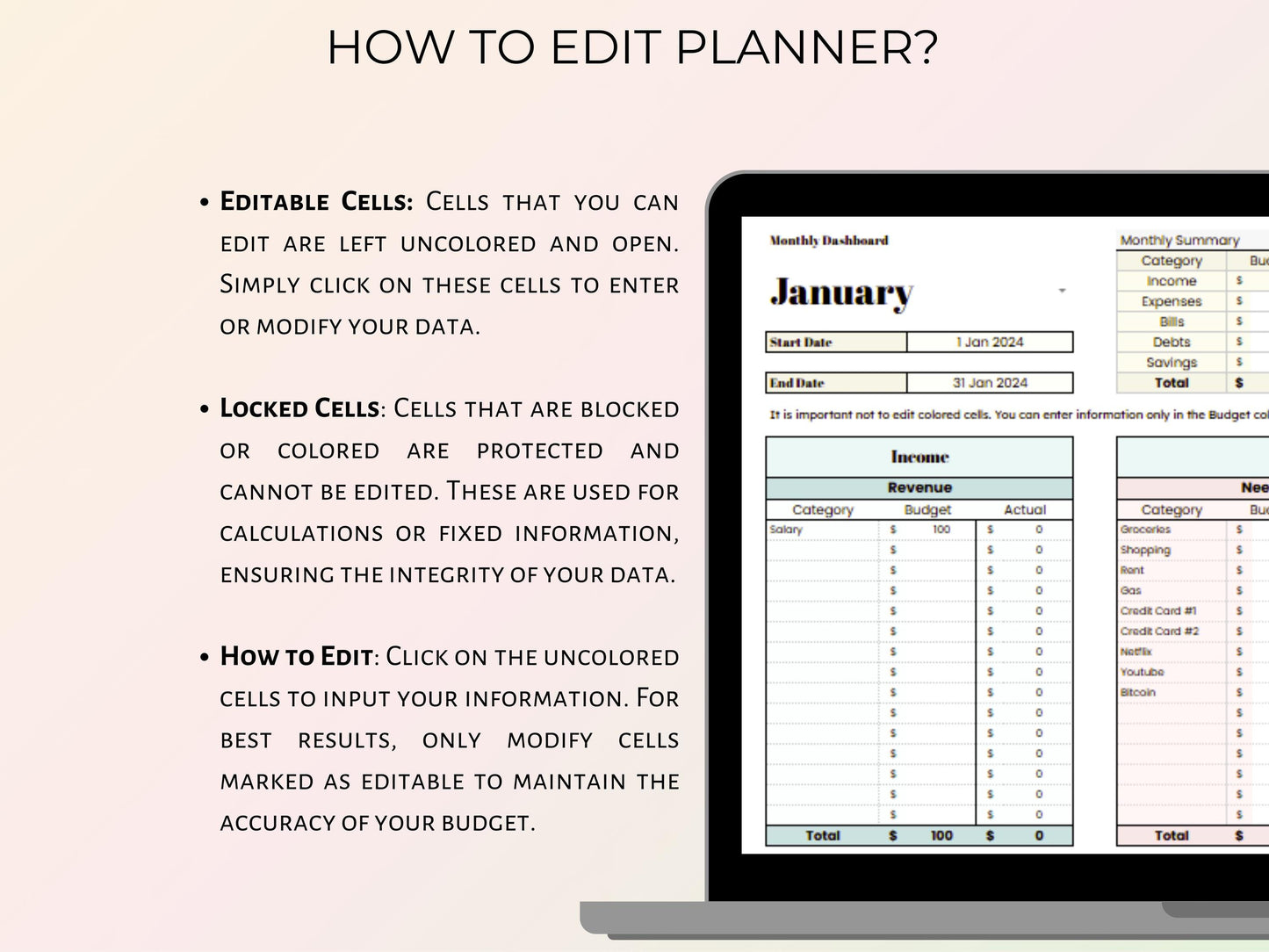 Monthly Budget Planner - Pastel Template