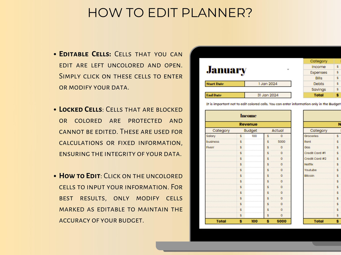 Weekly Budget Planner - Yellow Template